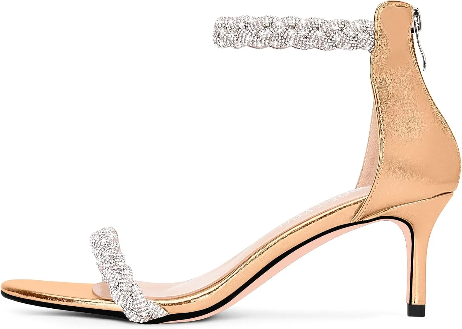 100FIXEO Women's Rhinestone Low Stiletto Heels Ankle Strap Open Toe Heeled Sandals Wedding Dress Shoes