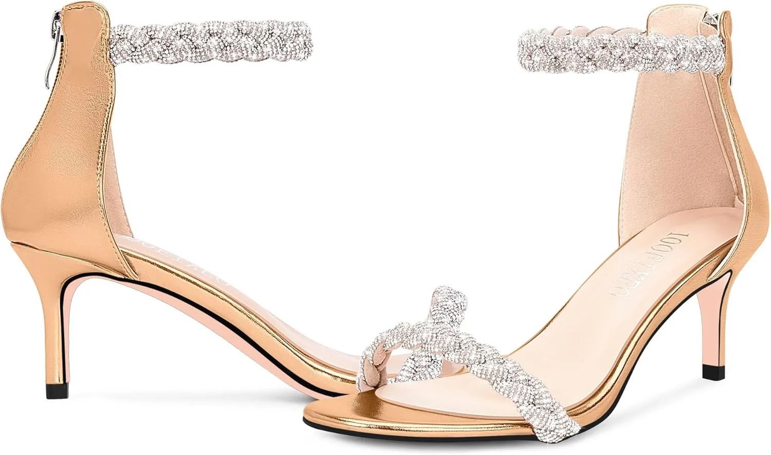 100FIXEO Women's Rhinestone Low Stiletto Heels Ankle Strap Open Toe Heeled Sandals Wedding Dress Shoes