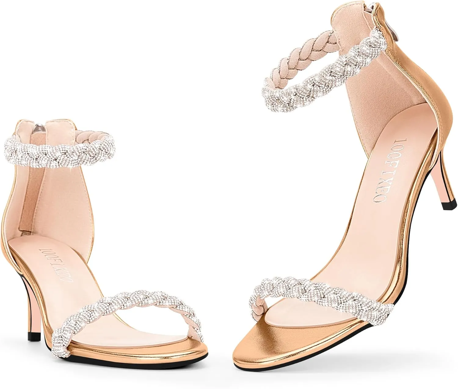 100FIXEO Women's Rhinestone Low Stiletto Heels Ankle Strap Open Toe Heeled Sandals Wedding Dress Shoes