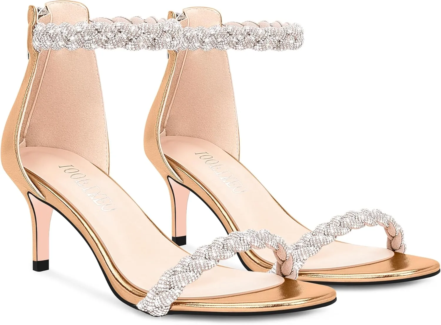 100FIXEO Women's Rhinestone Low Stiletto Heels Ankle Strap Open Toe Heeled Sandals Wedding Dress Shoes