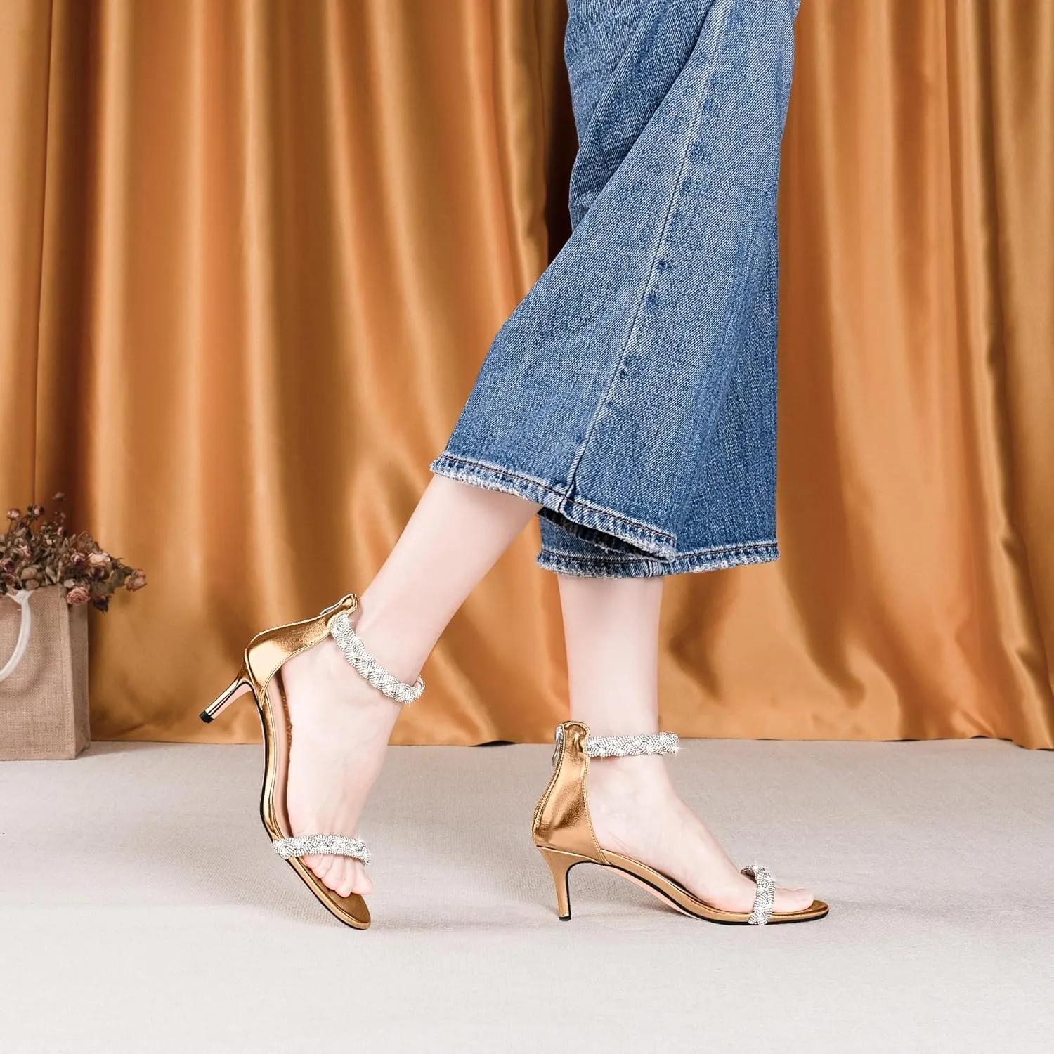 100FIXEO Women's Rhinestone Low Stiletto Heels Ankle Strap Open Toe Heeled Sandals Wedding Dress Shoes