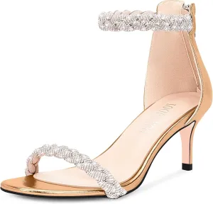 100FIXEO Women's Rhinestone Low Stiletto Heels Ankle Strap Open Toe Heeled Sandals Wedding Dress Shoes