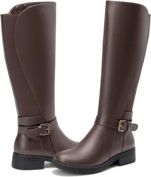 ALLOT Women's Stretch Knee High Boots Low Block Heel Buckle Strap Classic Riding Boots Ladies Side Zip Elastic Casual Fashion Winter Boots