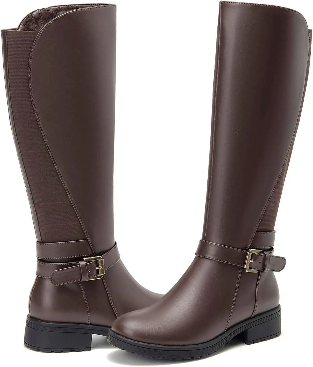 ALLOT Women's Stretch Knee High Boots Low Block Heel Buckle Strap Classic Riding Boots Ladies Side Zip Elastic Casual Fashion Winter Boots