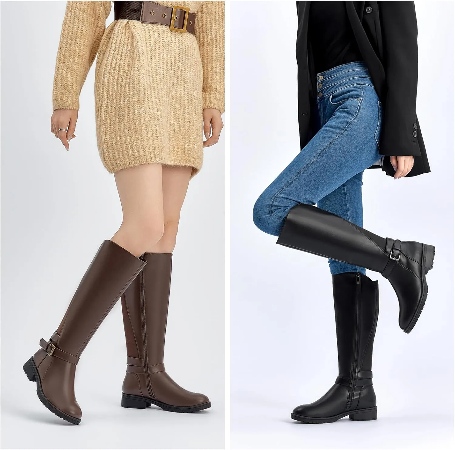 ALLOT Women's Stretch Knee High Boots Low Block Heel Buckle Strap Classic Riding Boots Ladies Side Zip Elastic Casual Fashion Winter Boots
