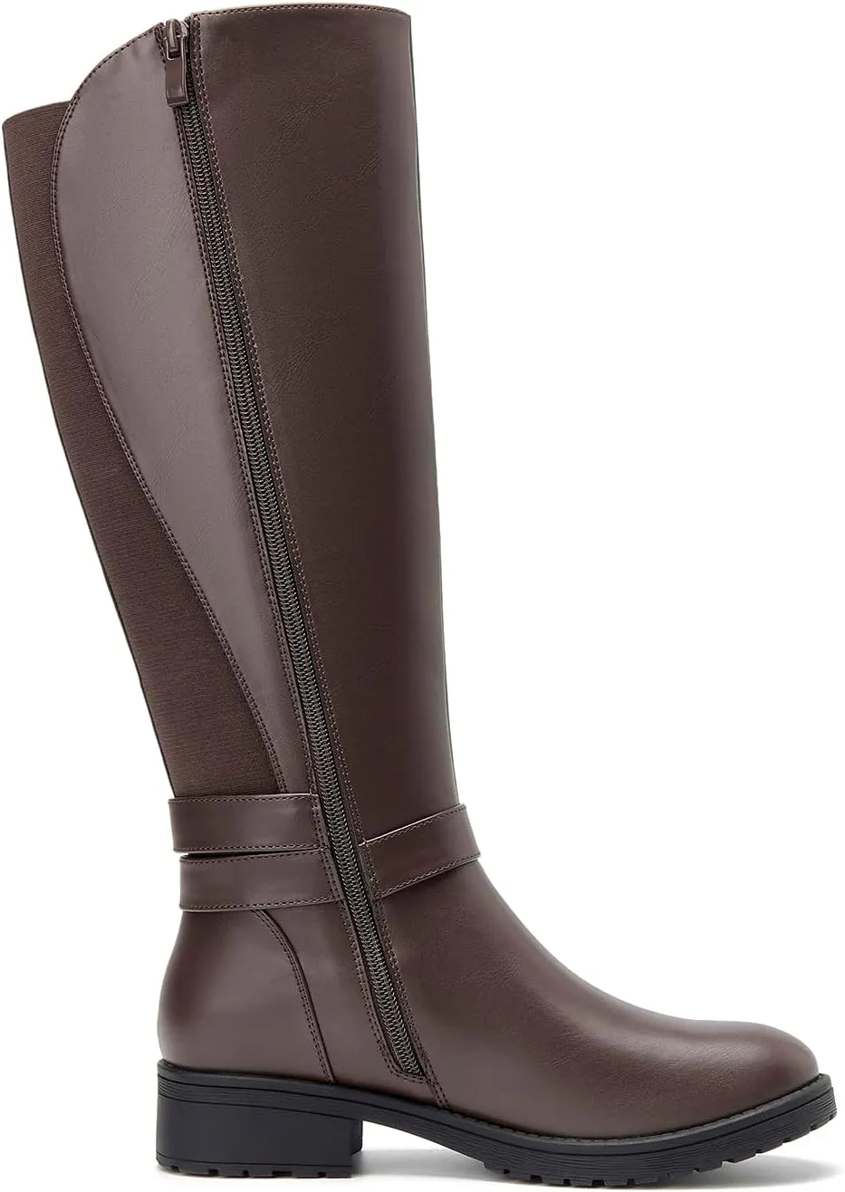 ALLOT Women's Stretch Knee High Boots Low Block Heel Buckle Strap Classic Riding Boots Ladies Side Zip Elastic Casual Fashion Winter Boots