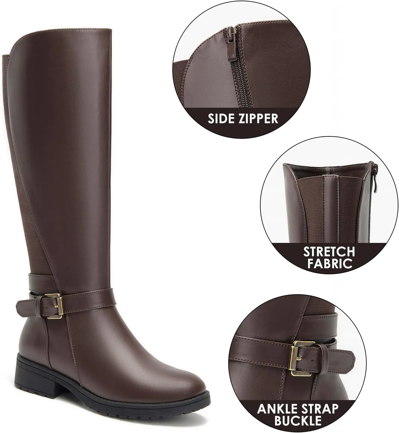 ALLOT Women's Stretch Knee High Boots Low Block Heel Buckle Strap Classic Riding Boots Ladies Side Zip Elastic Casual Fashion Winter Boots
