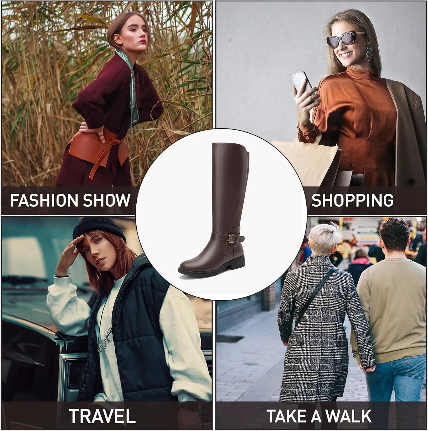 ALLOT Women's Stretch Knee High Boots Low Block Heel Buckle Strap Classic Riding Boots Ladies Side Zip Elastic Casual Fashion Winter Boots