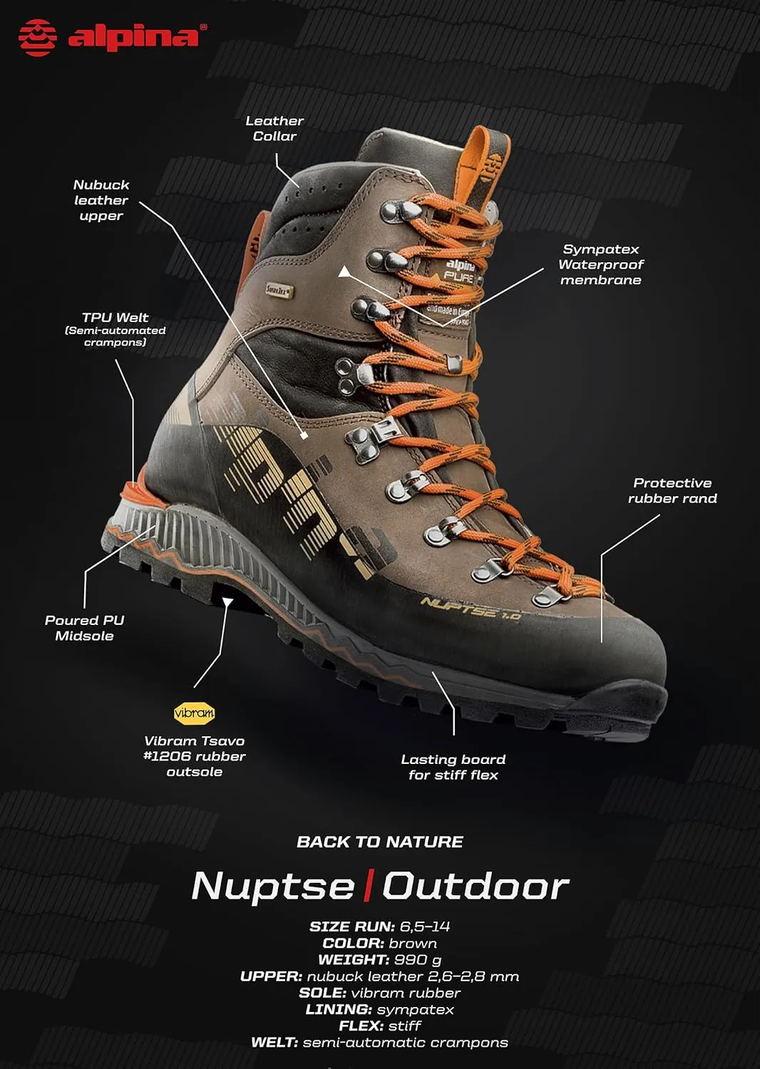 Alpina NUPTSE Men's Boots - Made in Europe - Waterproof - Mountaineering - Hunting - Vibram - Breathable Sympatex Membrane - Nubuck Leather
