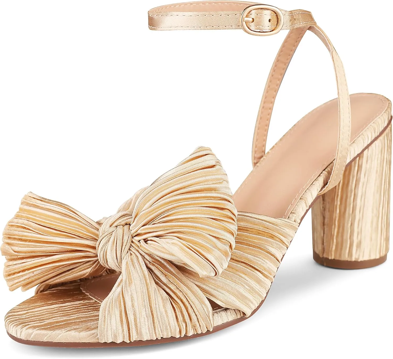 AMINUGAL Womens Heeled Sandals Pleated Bow Knot Ankle Strap Open Toe High Block Chunky Heels Sandals Bridal Wedding Dress Shoes Pumps