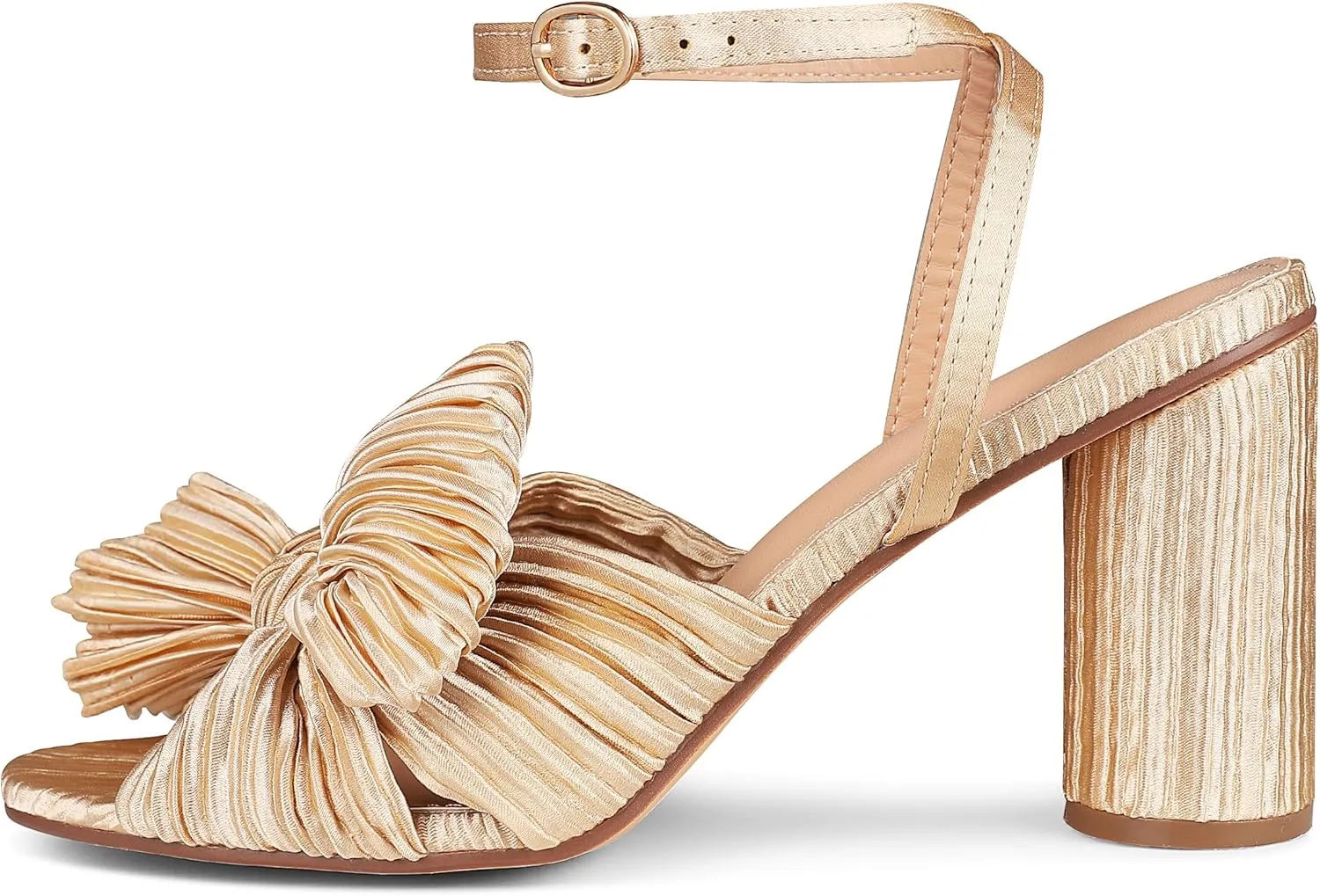 AMINUGAL Womens Heeled Sandals Pleated Bow Knot Ankle Strap Open Toe High Block Chunky Heels Sandals Bridal Wedding Dress Shoes Pumps