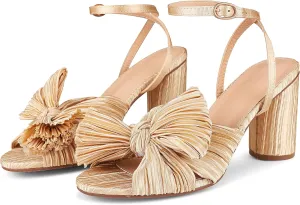 AMINUGAL Womens Heeled Sandals Pleated Bow Knot Ankle Strap Open Toe High Block Chunky Heels Sandals Bridal Wedding Dress Shoes Pumps