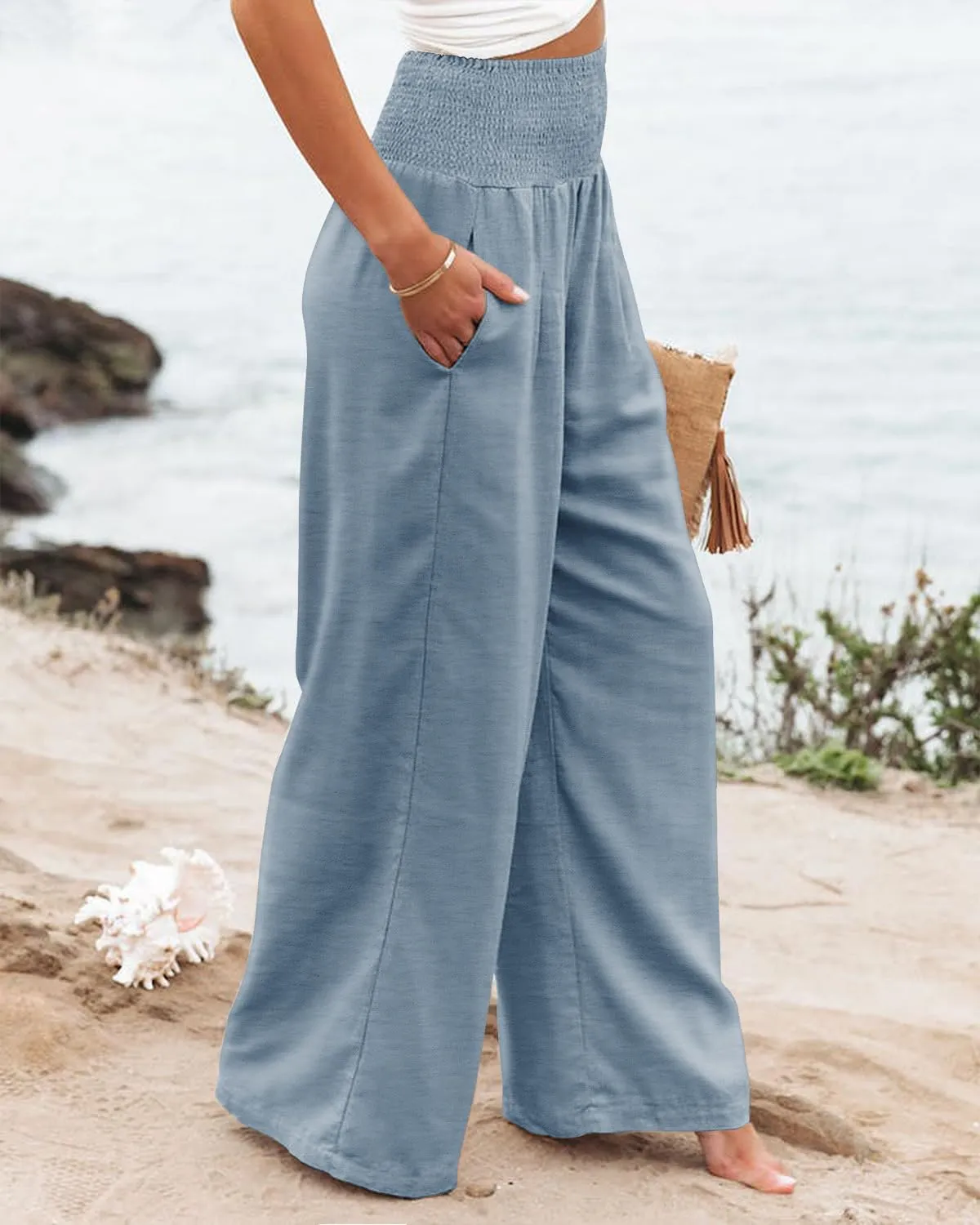 Angerella Womens Elastic High Waisted Palazzo Pants Casual Wide Leg Long Lounge Pant Trousers with Pocket