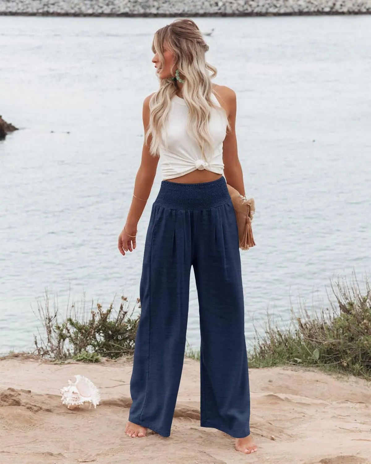 Angerella Womens Elastic High Waisted Palazzo Pants Casual Wide Leg Long Lounge Pant Trousers with Pocket