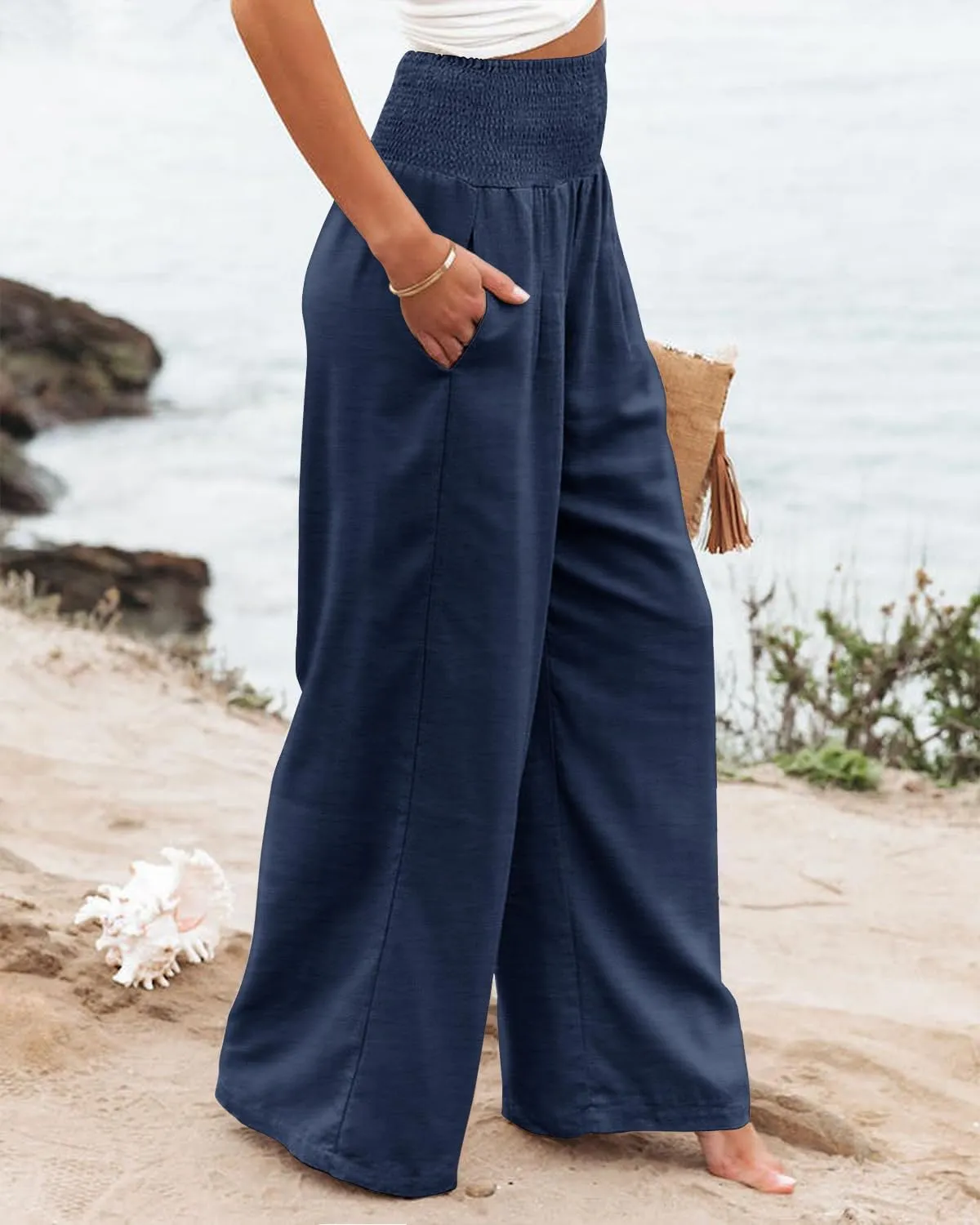 Angerella Womens Elastic High Waisted Palazzo Pants Casual Wide Leg Long Lounge Pant Trousers with Pocket