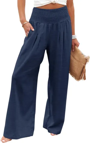Angerella Womens Elastic High Waisted Palazzo Pants Casual Wide Leg Long Lounge Pant Trousers with Pocket