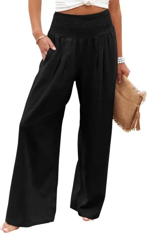 Angerella Womens Elastic High Waisted Palazzo Pants Casual Wide Leg Long Lounge Pant Trousers with Pocket