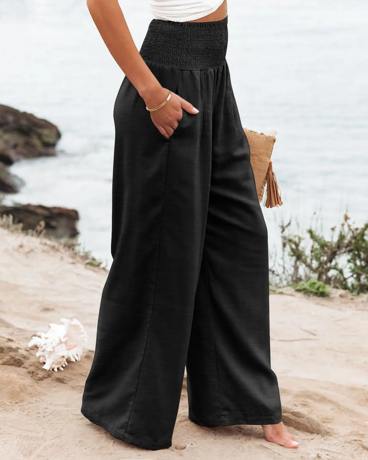 Angerella Womens Elastic High Waisted Palazzo Pants Casual Wide Leg Long Lounge Pant Trousers with Pocket