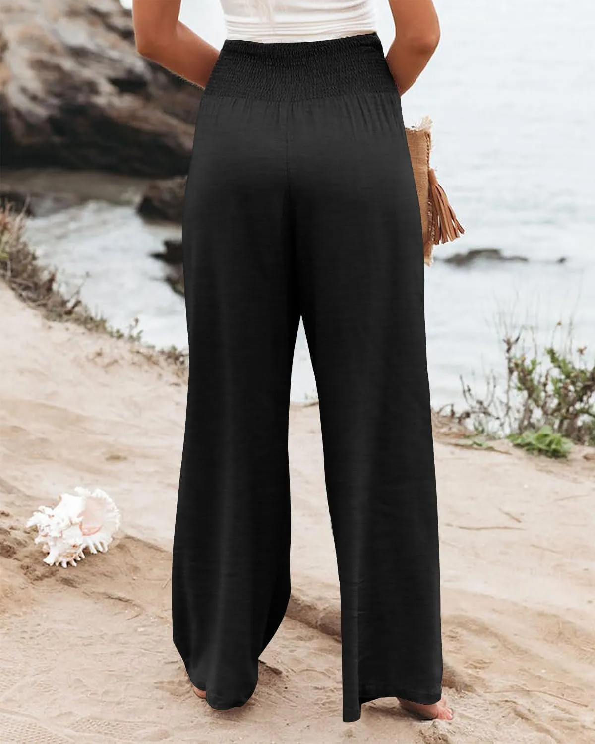 Angerella Womens Elastic High Waisted Palazzo Pants Casual Wide Leg Long Lounge Pant Trousers with Pocket