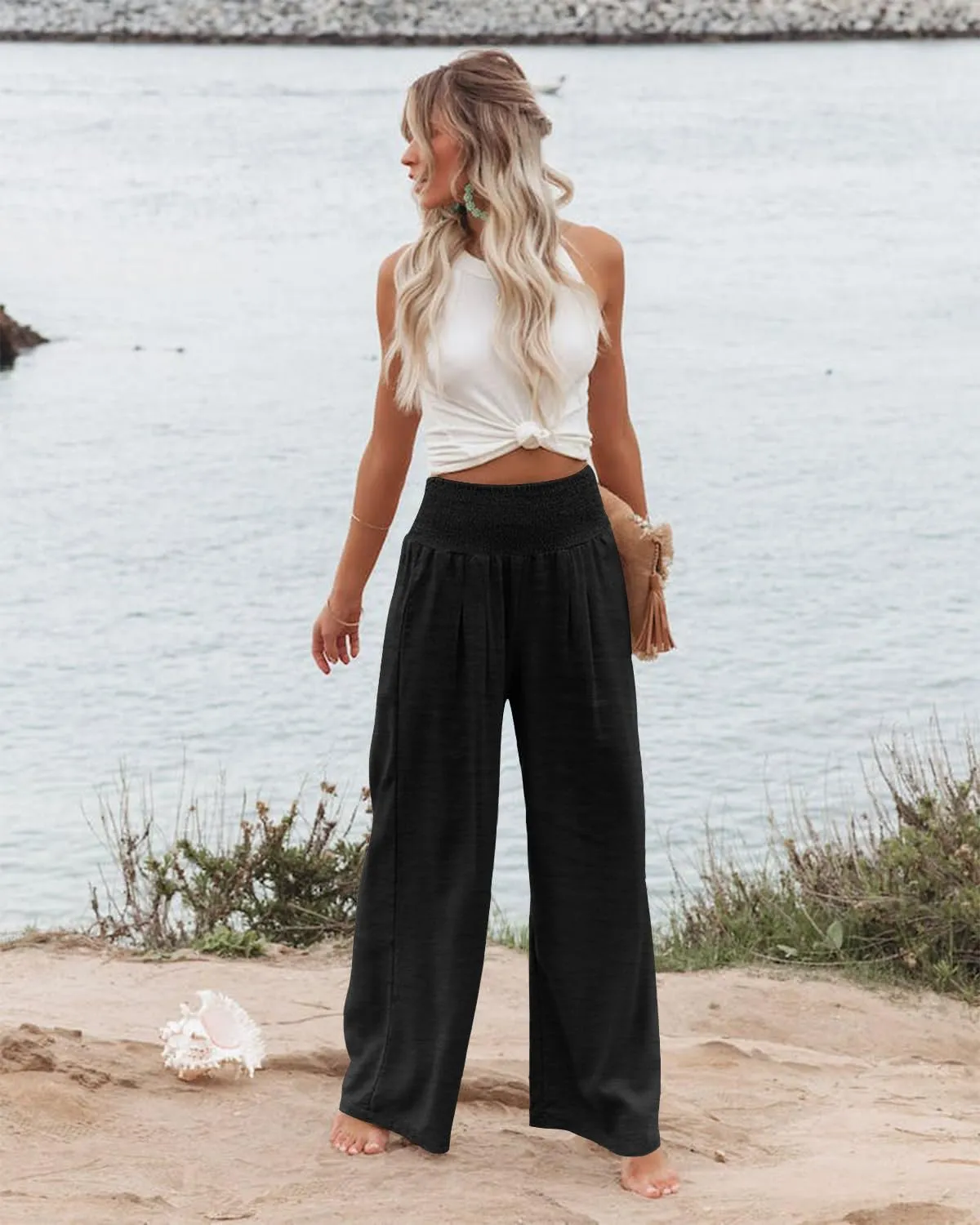 Angerella Womens Elastic High Waisted Palazzo Pants Casual Wide Leg Long Lounge Pant Trousers with Pocket