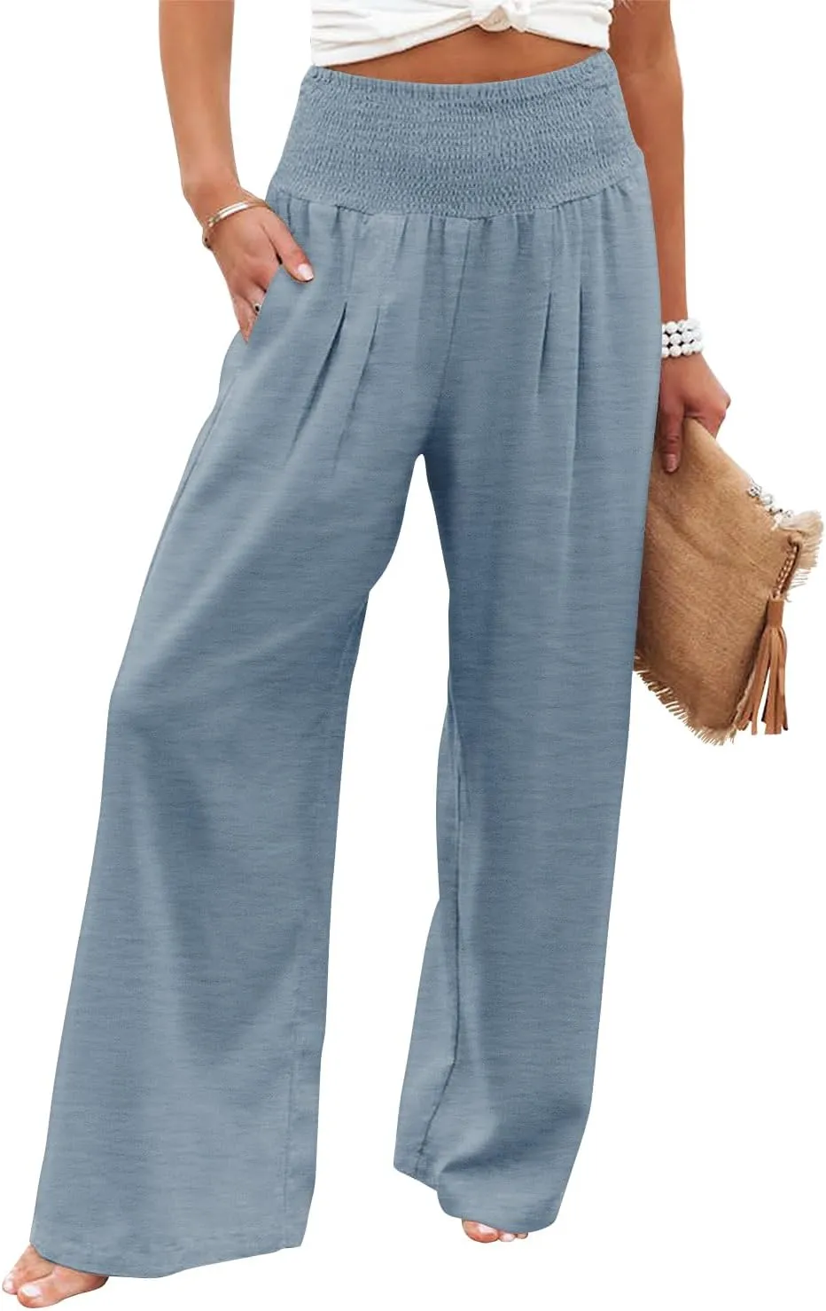 Angerella Womens Elastic High Waisted Palazzo Pants Casual Wide Leg Long Lounge Pant Trousers with Pocket