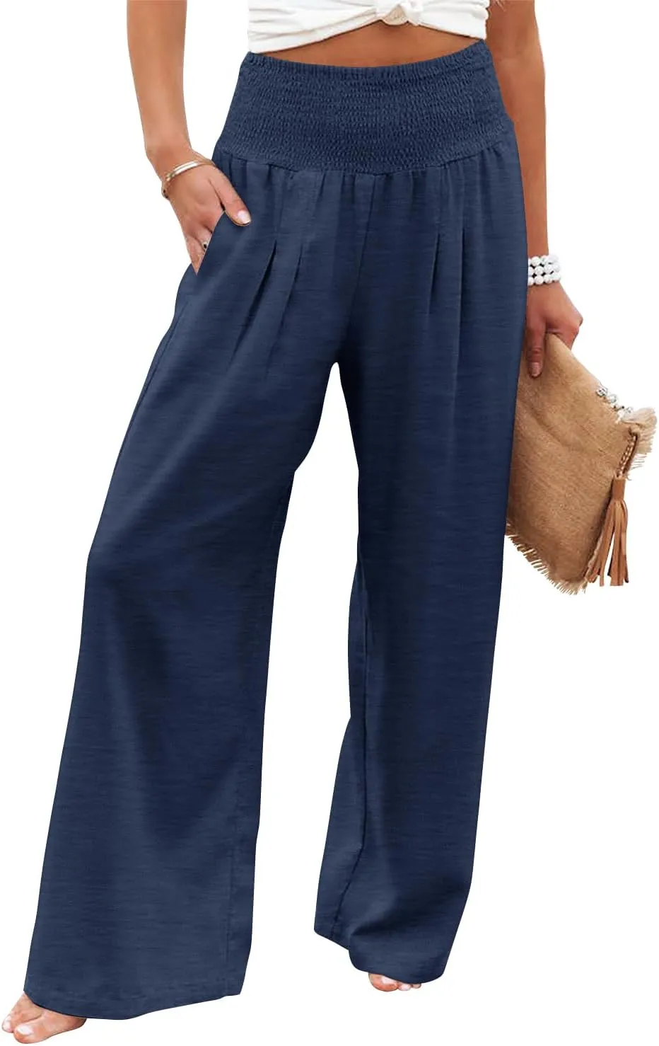Angerella Womens Elastic High Waisted Palazzo Pants Casual Wide Leg Long Lounge Pant Trousers with Pocket