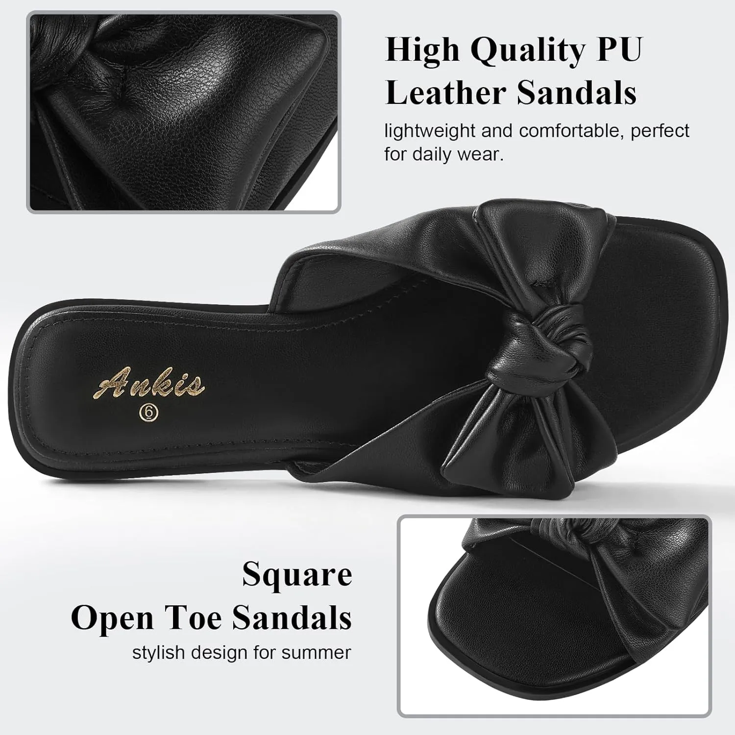 Ankis Womens Black White Flat Sandals for Women Dressy Comfortable Summer Beach Sandals for Women 2025 Cute Bow Square Open Toe Slide Sandals