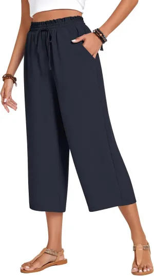 Anyhold Womens Capri Pants Loose High Waisted Wide Leg Lounge Pants Drawstring Casual Palazzo Trousers with Pockets
