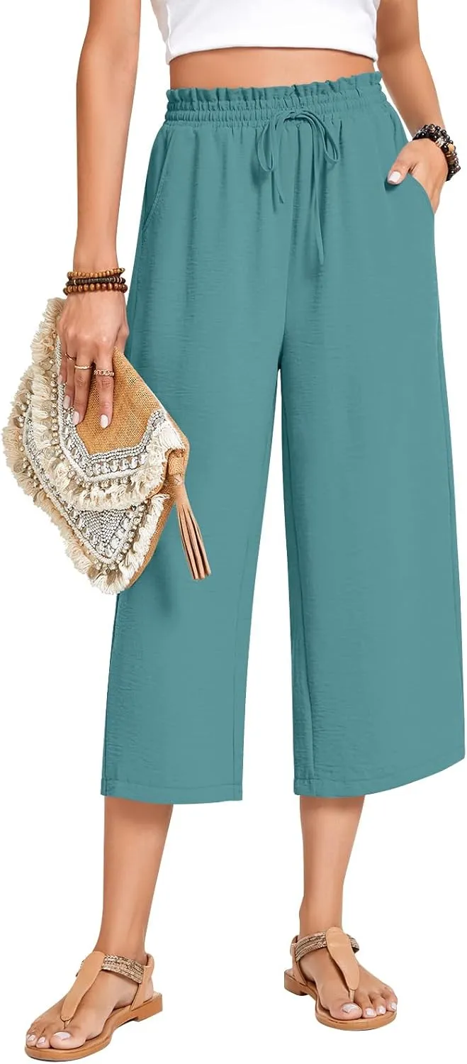 Anyhold Womens Capri Pants Loose High Waisted Wide Leg Lounge Pants Drawstring Casual Palazzo Trousers with Pockets