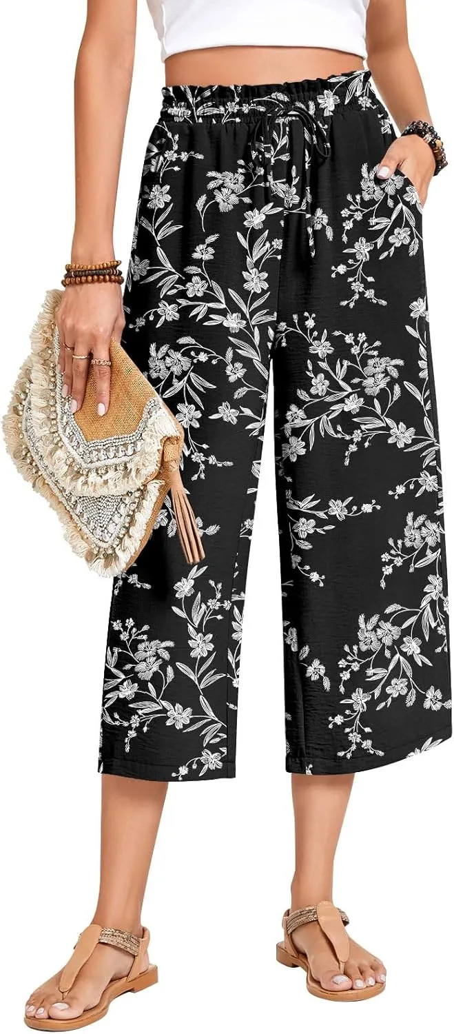 Anyhold Womens Capri Pants Loose High Waisted Wide Leg Lounge Pants Drawstring Casual Palazzo Trousers with Pockets