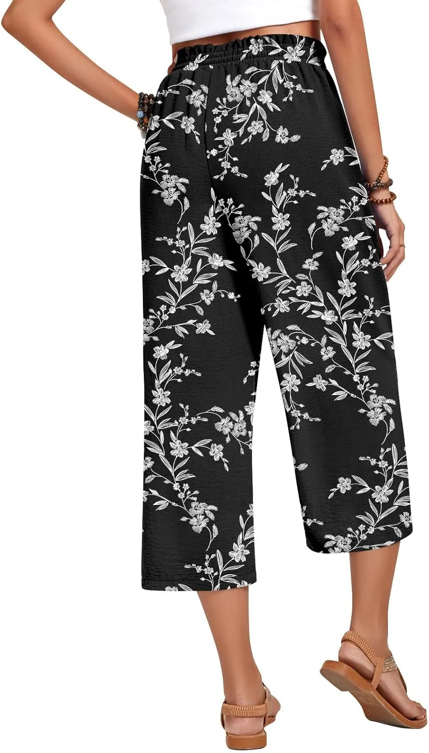Anyhold Womens Capri Pants Loose High Waisted Wide Leg Lounge Pants Drawstring Casual Palazzo Trousers with Pockets