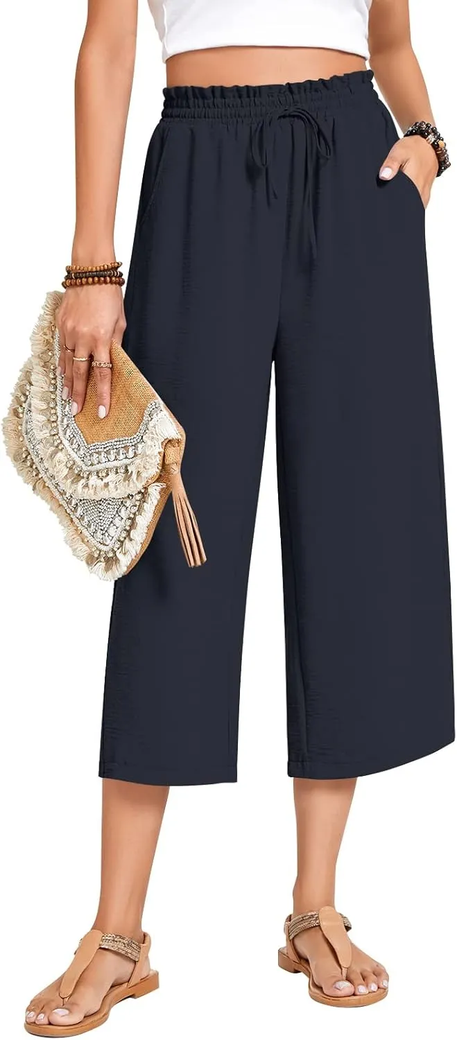 Anyhold Womens Capri Pants Loose High Waisted Wide Leg Lounge Pants Drawstring Casual Palazzo Trousers with Pockets