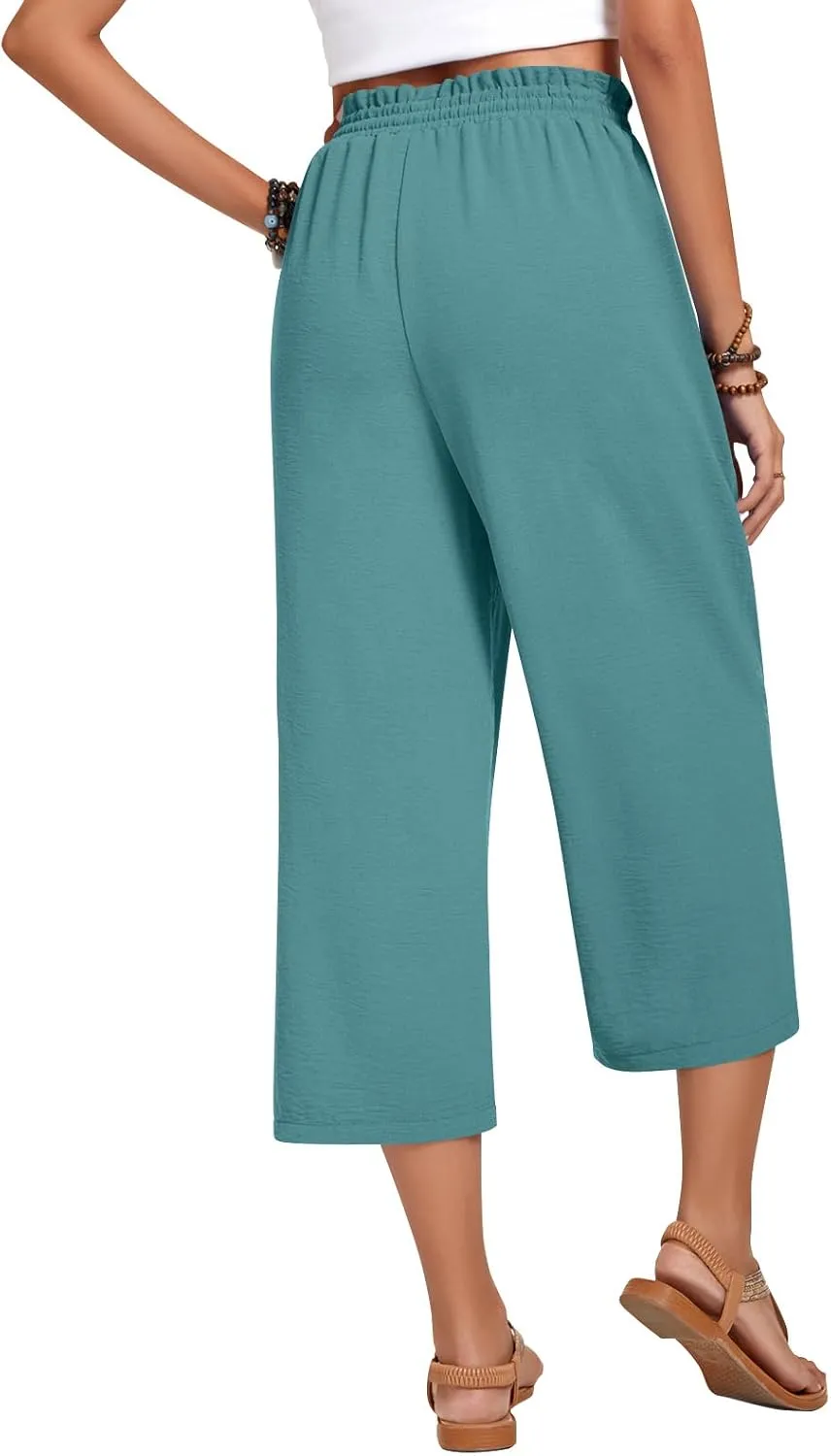 Anyhold Womens Capri Pants Loose High Waisted Wide Leg Lounge Pants Drawstring Casual Palazzo Trousers with Pockets