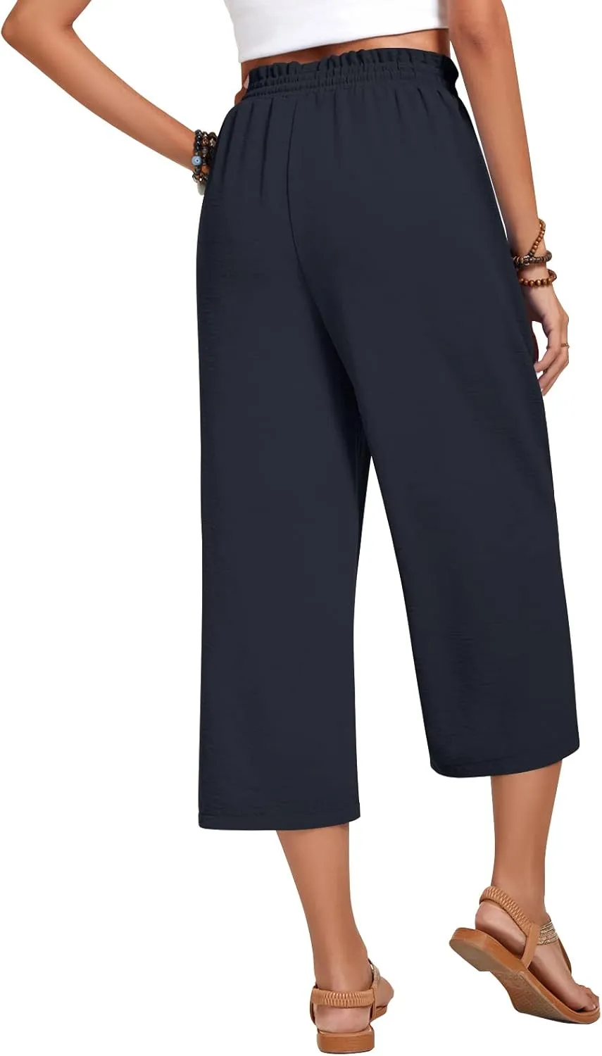 Anyhold Womens Capri Pants Loose High Waisted Wide Leg Lounge Pants Drawstring Casual Palazzo Trousers with Pockets