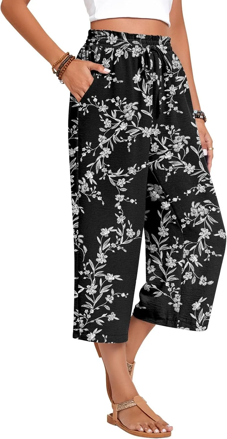Anyhold Womens Capri Pants Loose High Waisted Wide Leg Lounge Pants Drawstring Casual Palazzo Trousers with Pockets