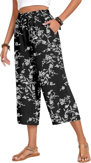 Anyhold Womens Capri Pants Loose High Waisted Wide Leg Lounge Pants Drawstring Casual Palazzo Trousers with Pockets