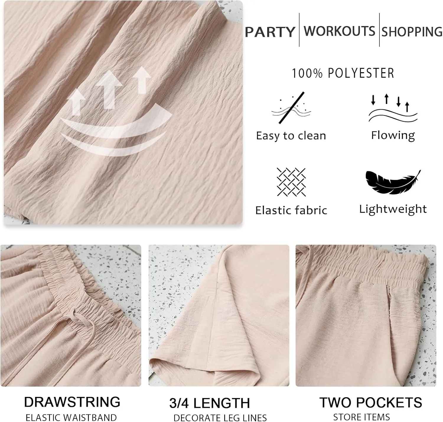 Anyhold Womens Capri Pants Loose High Waisted Wide Leg Lounge Pants Drawstring Casual Palazzo Trousers with Pockets
