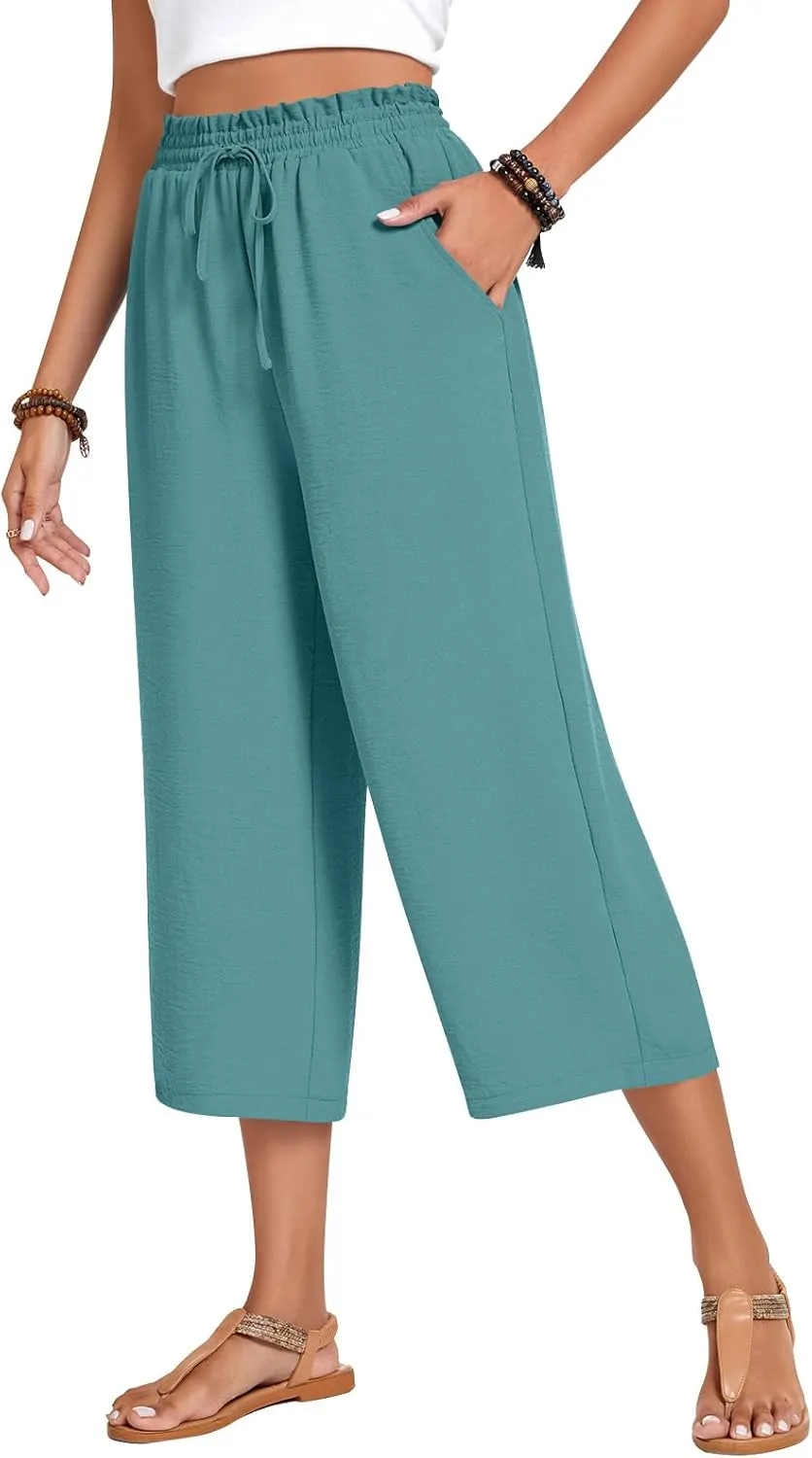 Anyhold Womens Capri Pants Loose High Waisted Wide Leg Lounge Pants Drawstring Casual Palazzo Trousers with Pockets