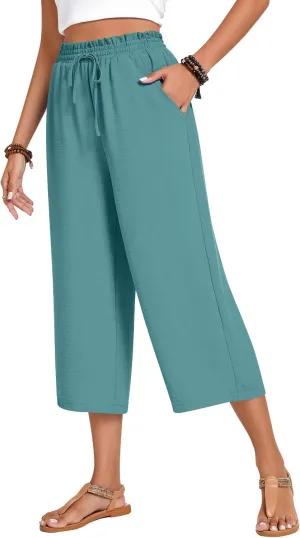 Anyhold Womens Capri Pants Loose High Waisted Wide Leg Lounge Pants Drawstring Casual Palazzo Trousers with Pockets