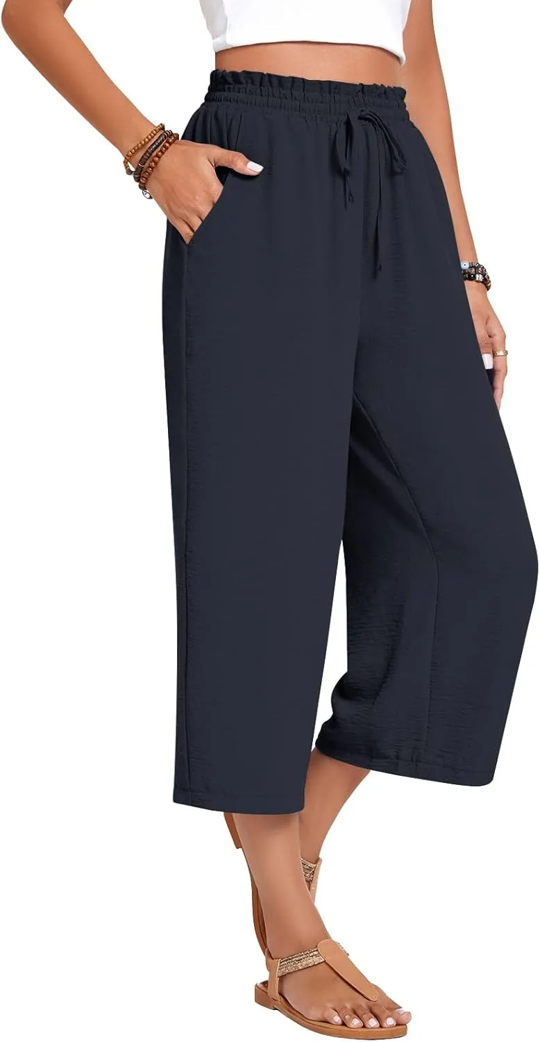 Anyhold Womens Capri Pants Loose High Waisted Wide Leg Lounge Pants Drawstring Casual Palazzo Trousers with Pockets