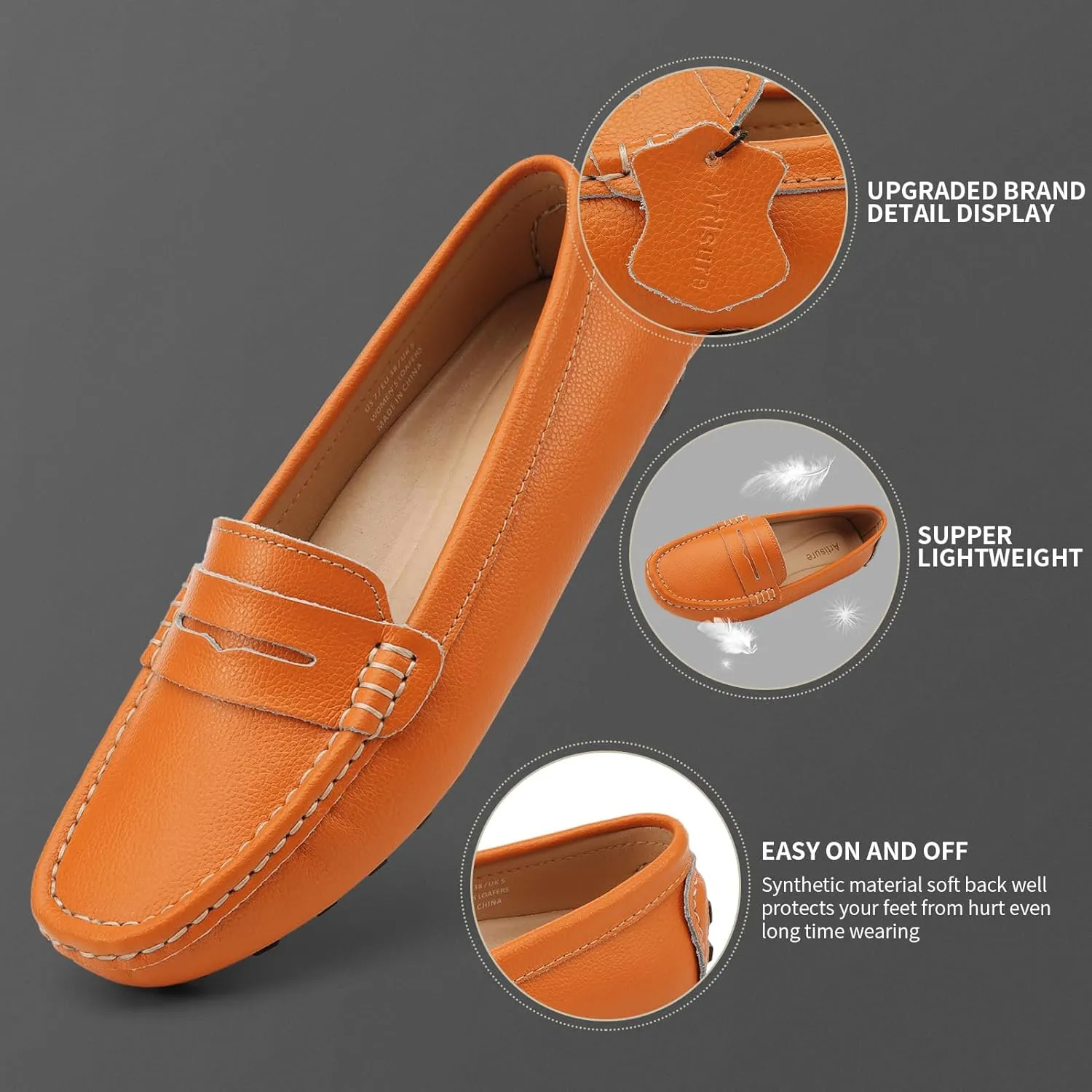 Artisure Women's Classic Comfort Leather Penny Loafers Casual Slip-Ons Lightweight Walking Flats Driving Mocs Boat Shoes