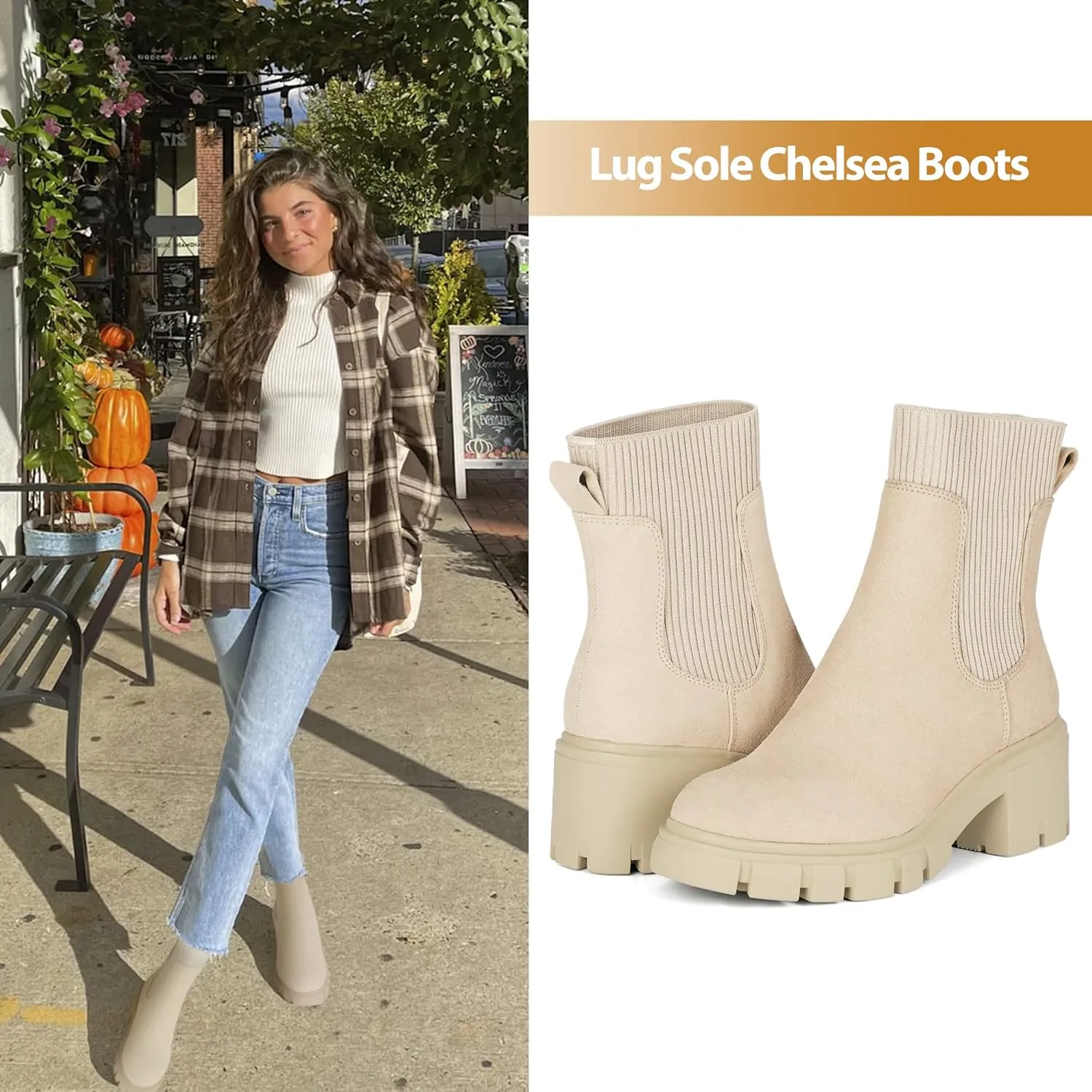 Athlefit Women's Chelsea Boots Fashion Slip on Platform Ankle Boots Lug Sole Chunky Booties