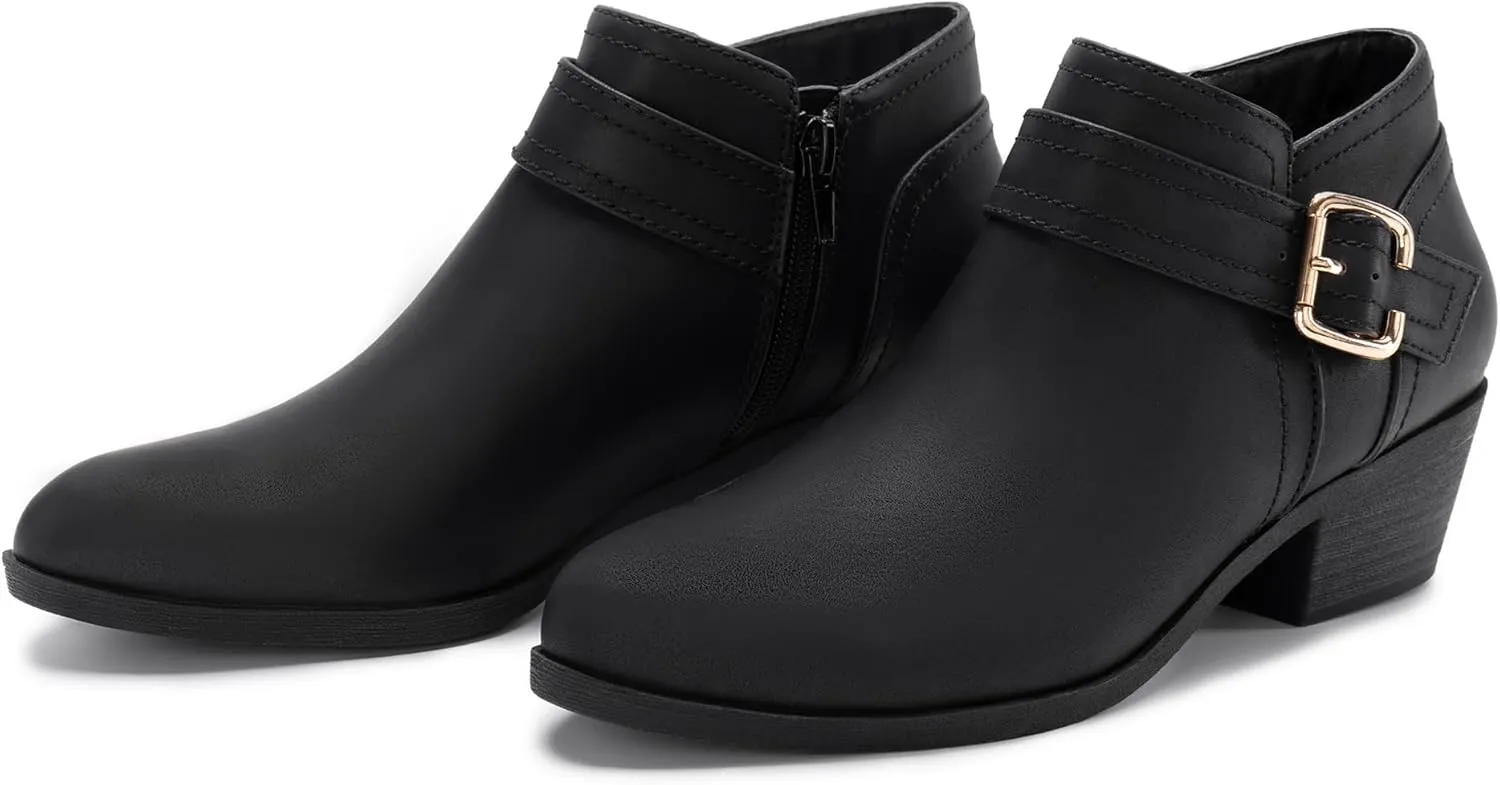 Athlefit Women's Chunky Low Heel Ankle Boots Classic Pointed Toe Side Zipper Booties