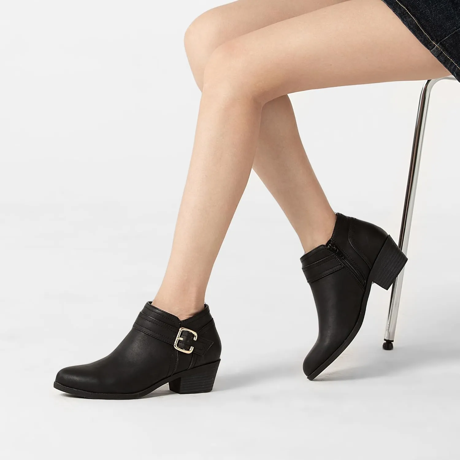 Athlefit Women's Chunky Low Heel Ankle Boots Classic Pointed Toe Side Zipper Booties