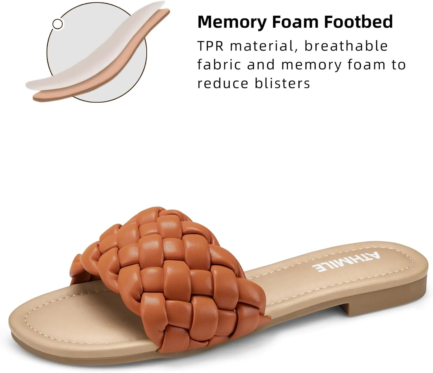 ATHMILE Braided Womens Sandals Round Open Toe Fashion Slide Sandals Women Dressy Summer Flat Beach Size 6-11