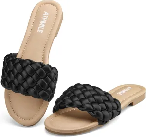 ATHMILE Braided Womens Sandals Round Open Toe Fashion Slide Sandals Women Dressy Summer Flat Beach Size 6-11