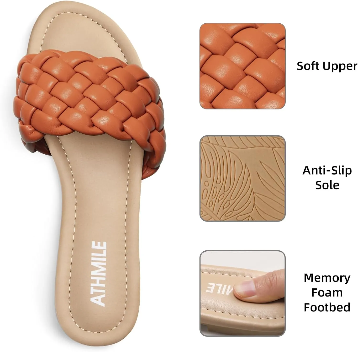 ATHMILE Braided Womens Sandals Round Open Toe Fashion Slide Sandals Women Dressy Summer Flat Beach Size 6-11