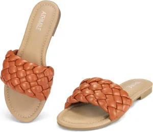 ATHMILE Braided Womens Sandals Round Open Toe Fashion Slide Sandals Women Dressy Summer Flat Beach Size 6-11
