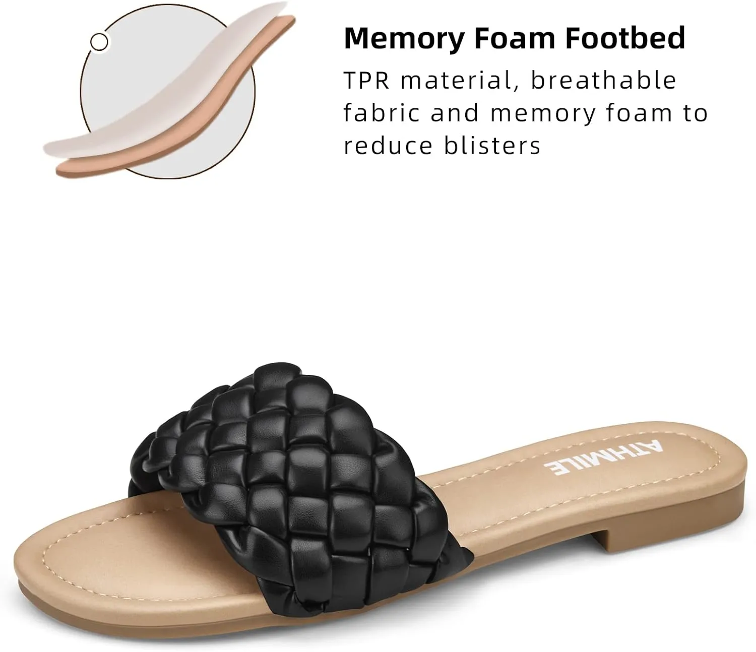 ATHMILE Braided Womens Sandals Round Open Toe Fashion Slide Sandals Women Dressy Summer Flat Beach Size 6-11