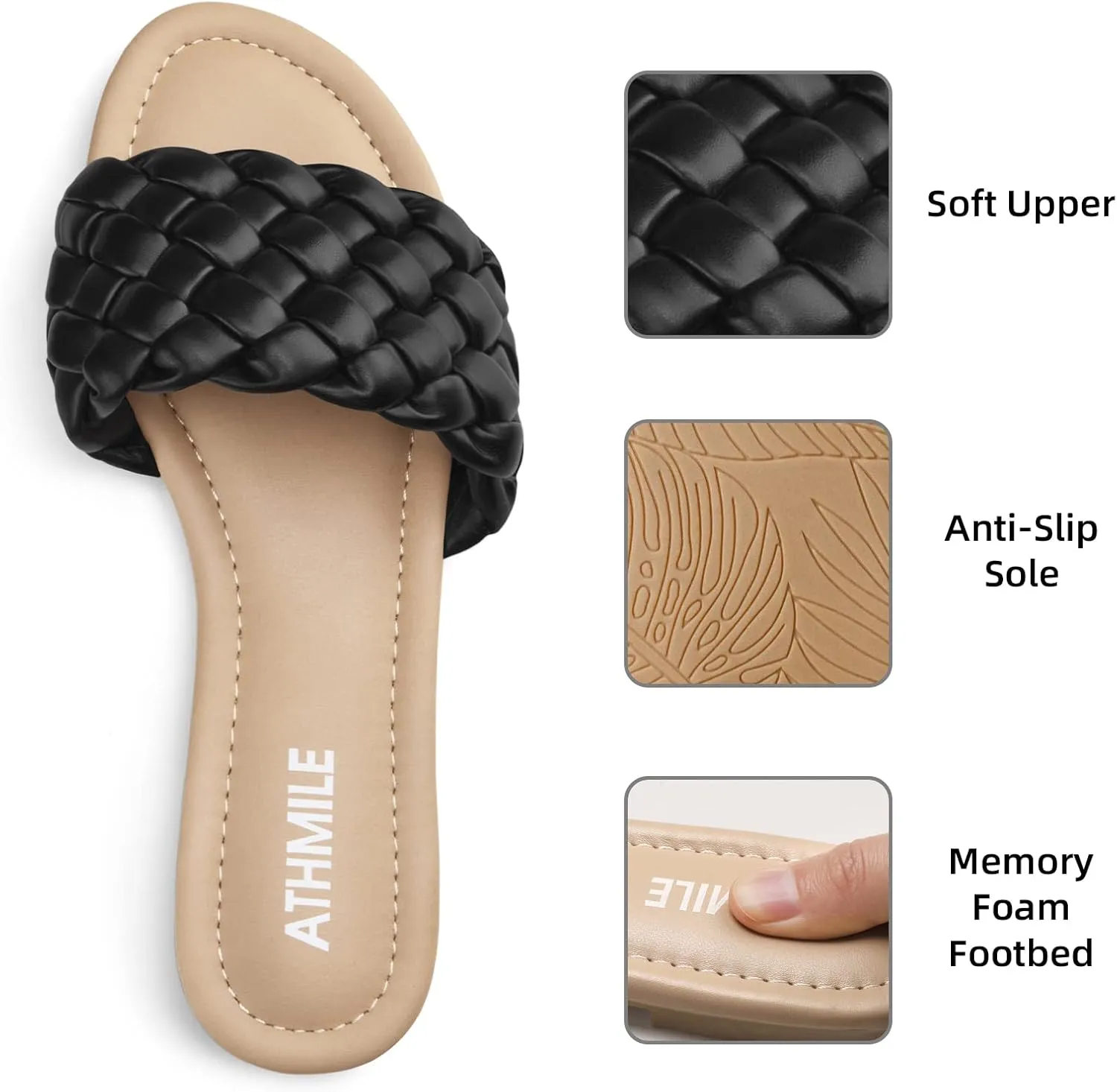 ATHMILE Braided Womens Sandals Round Open Toe Fashion Slide Sandals Women Dressy Summer Flat Beach Size 6-11
